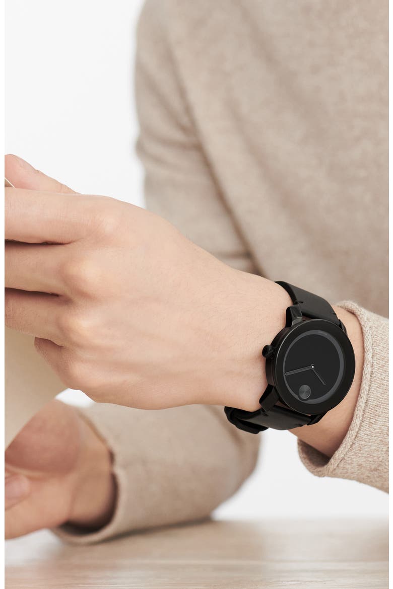 'Bold' Leather Strap Watch, 42mm, Alternate, color, GREY/ BLACK