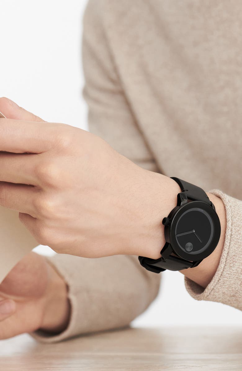 Movado 'Bold' Leather Strap Watch, 42mm, Alternate, color,