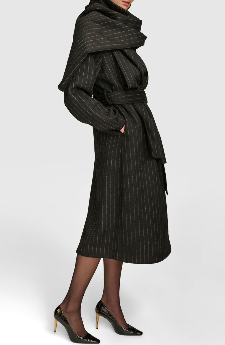Donna Karan New York Wool Blend Coat with Scarf, Alternate, color, Black Chalkstripe