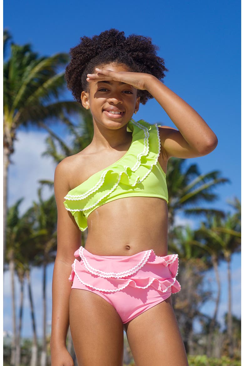 Neon One-Shoulder Multi-Ruffle Two-Piece Bikini, Alternate, color, Multicolor