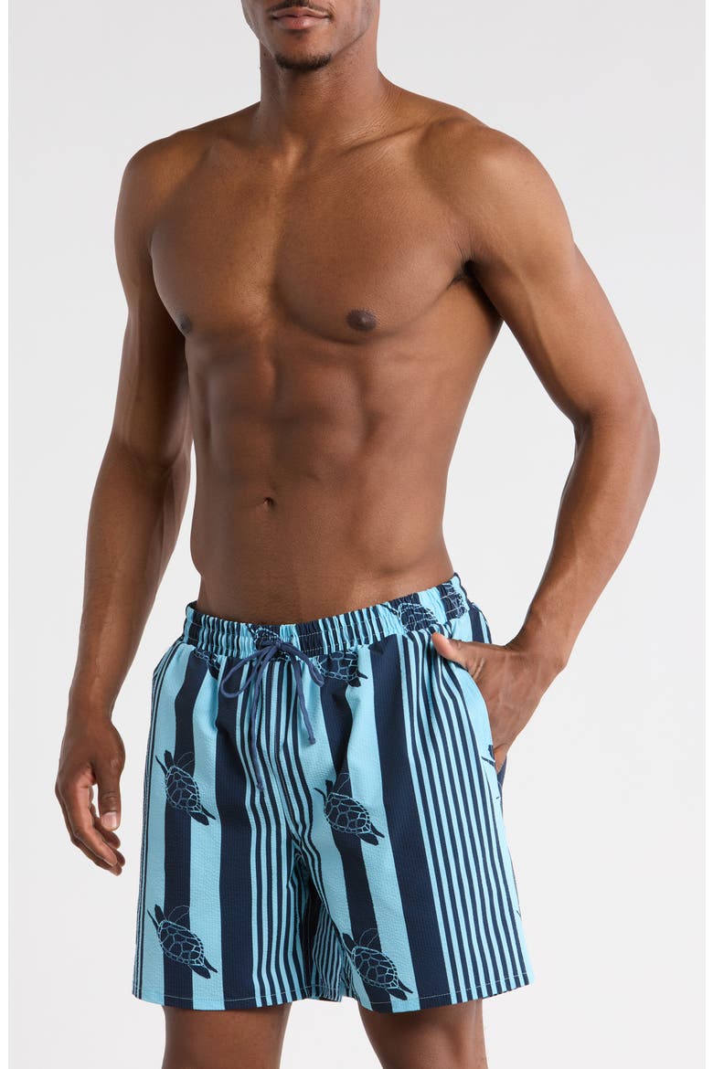 Turtle Seersucker Swim Trunks, Main, color, SKY BLUE/ NAVY BLAZER
