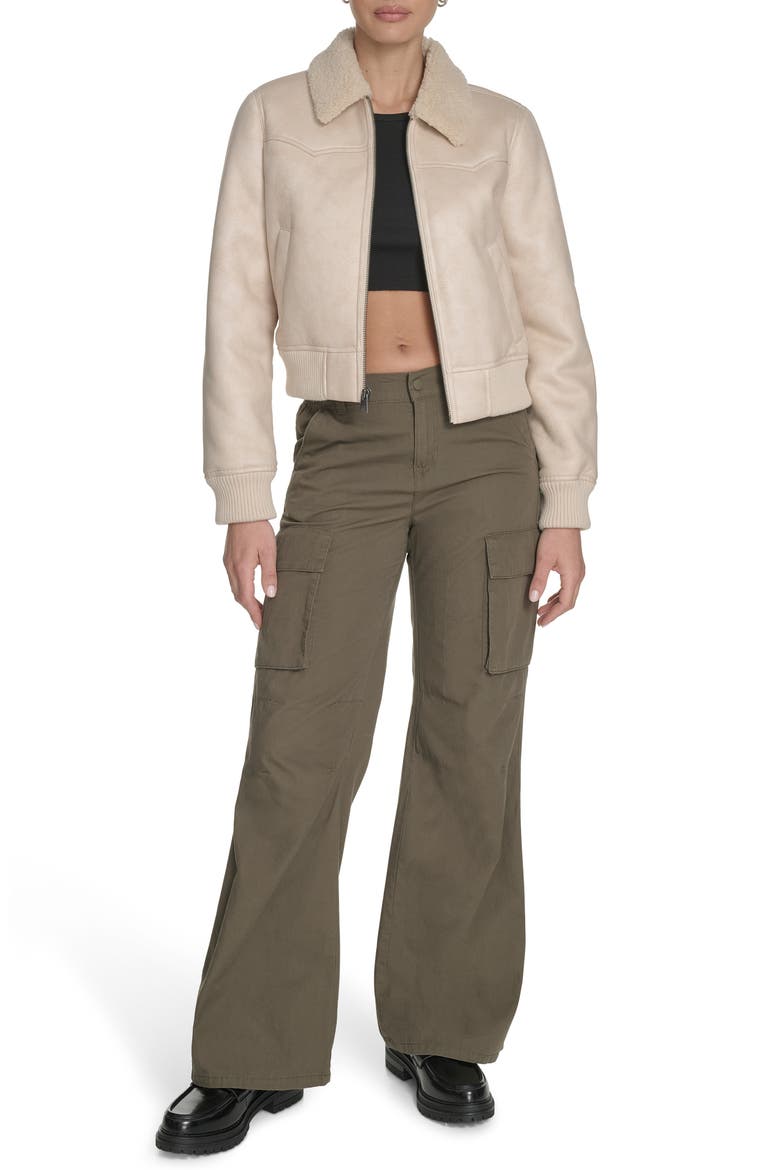Faux Shearling Trim Faux Leather Western Bomber Jacket, Alternate, color, ALMOND MILK