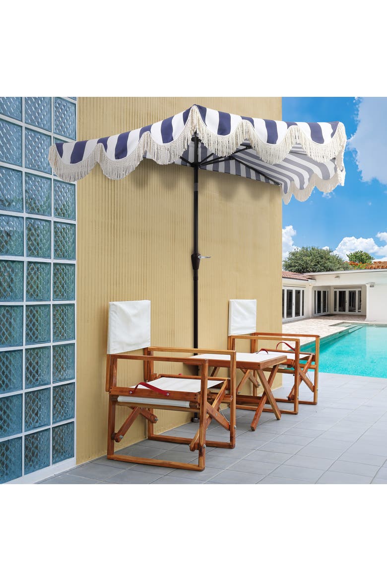 Beverly Coastal Half Patio Umbrella, Space-Saving Balcony Shade with Scalloped Fringe, Crank & Manual Tilt, Alternate, color, Navy/White