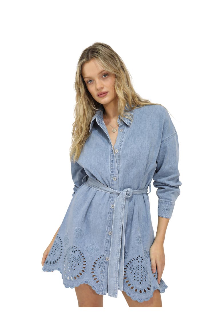 Sunday Somewhere Denim Broderie Mini Shirt Dress, Main, color, blue
