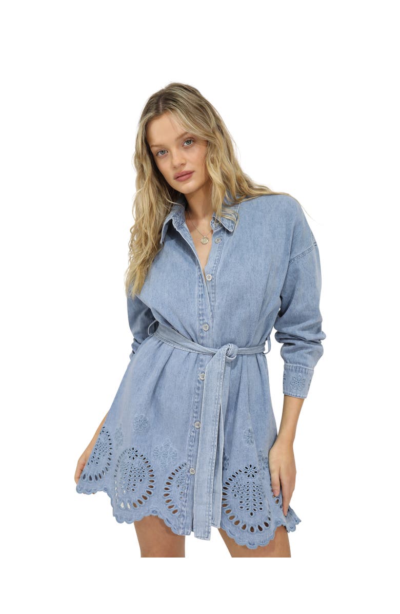 Belle & Bloom Sunday Somewhere Denim Broderie Mini Shirt Dress, Main, color, Blue