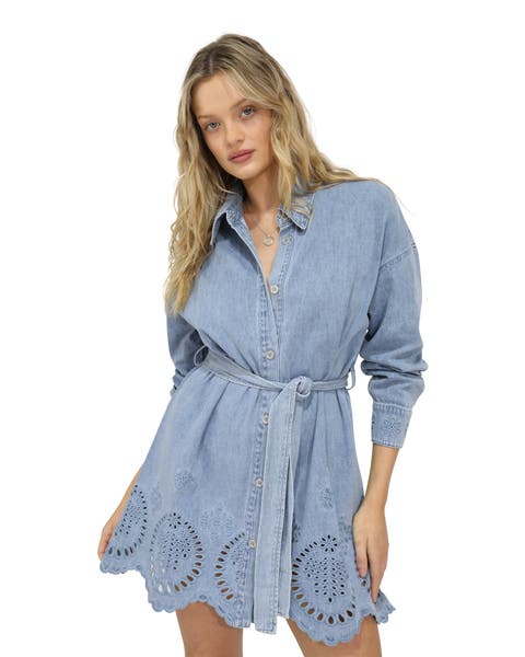 Sunday Somewhere Denim Broderie Mini Shirt Dress