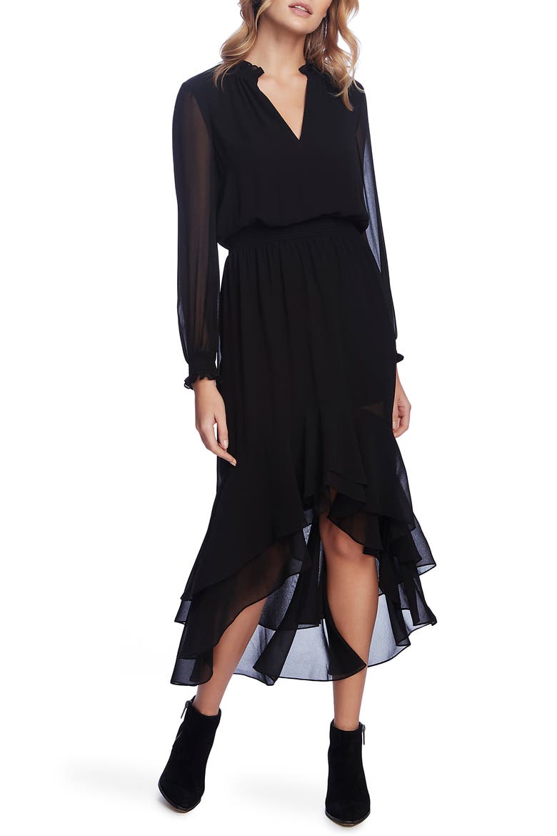 Chiffon Long Sleeve High/Low Dress, Main, color, RICH BLACK