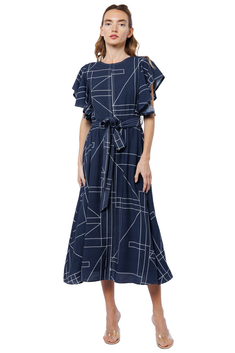 Anastasia Geo Print Flutter Sleeve Dress, Alternate, color, NAVY/ WHITE