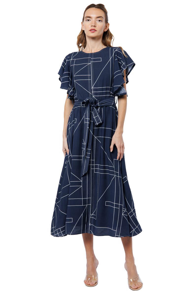 CIEBON Anastasia Geo Print Flutter Sleeve Dress, Alternate, color, Navy/ White
