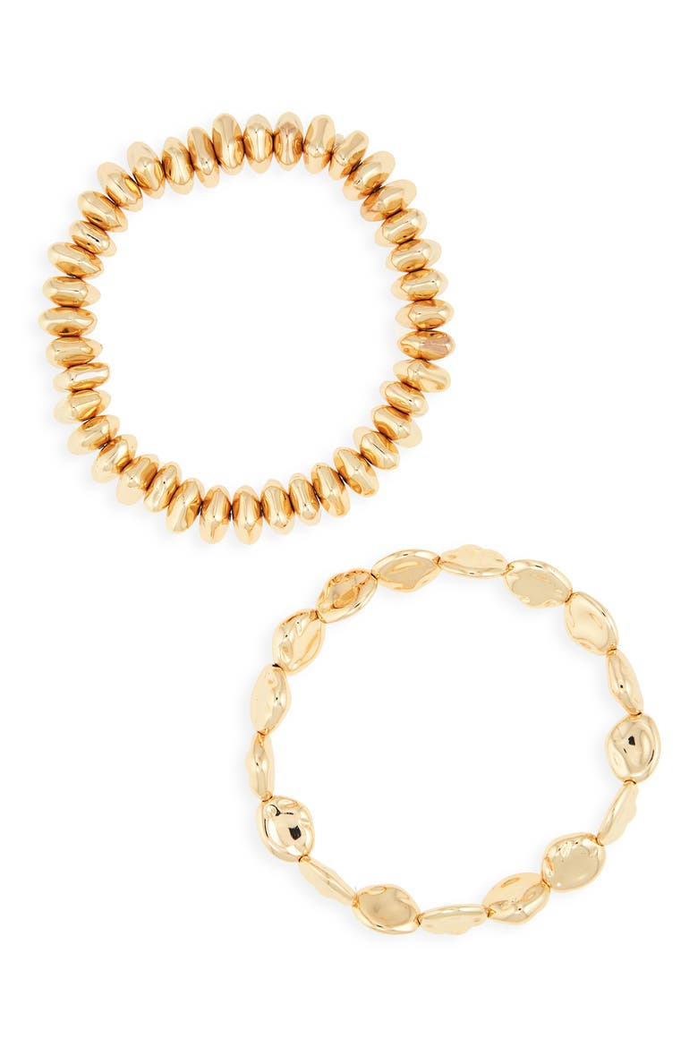 Set of 2 Pebble & Disc Beaded Stretch Bracelets, Main, color, GOLD
