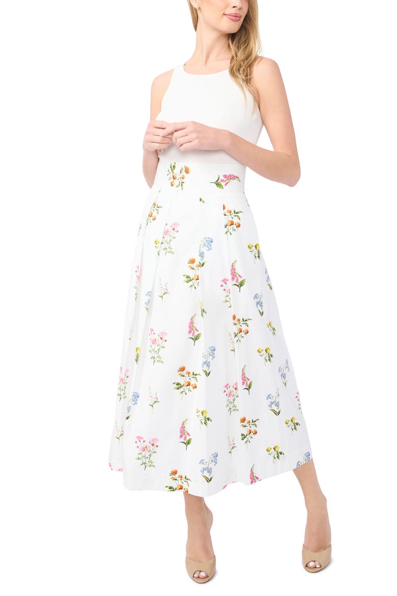 Rihana Pleated Floral Cotton Midi Skirt, Alternate, color, VANILLA ICE