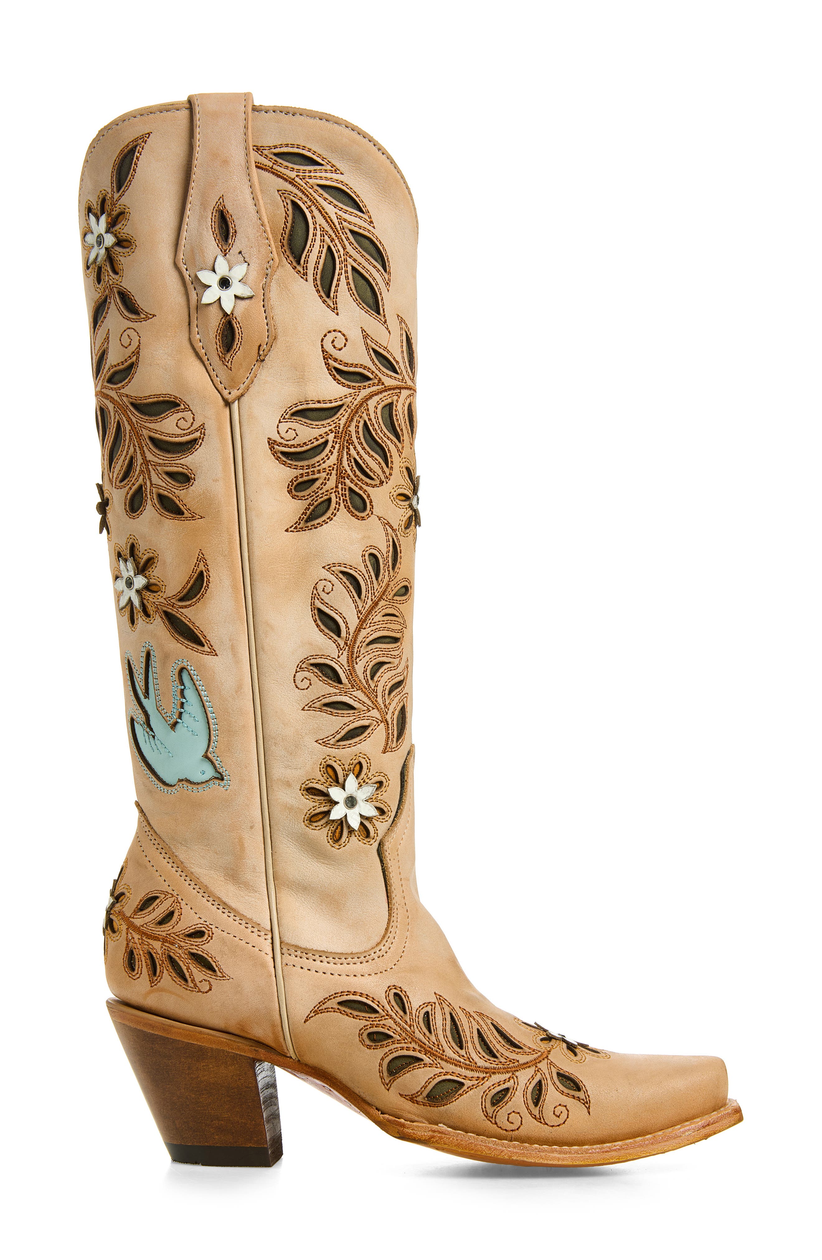 Flower & Bird Cutout Cowboy Boot, Alternate, color, STRAW