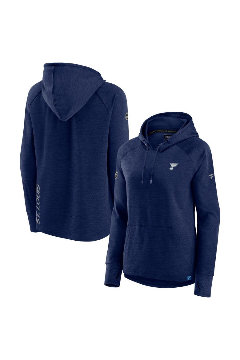 Women's Fanatics  Heather Navy St. Louis Blues Authentic Pro Pullover Hoodie, Alternate, color, Heather Navy