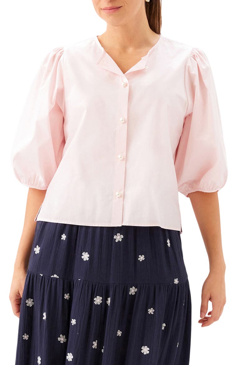 Puff Sleeve Faux Pearl Button Cotton Shirt, Main, color, ROSE
