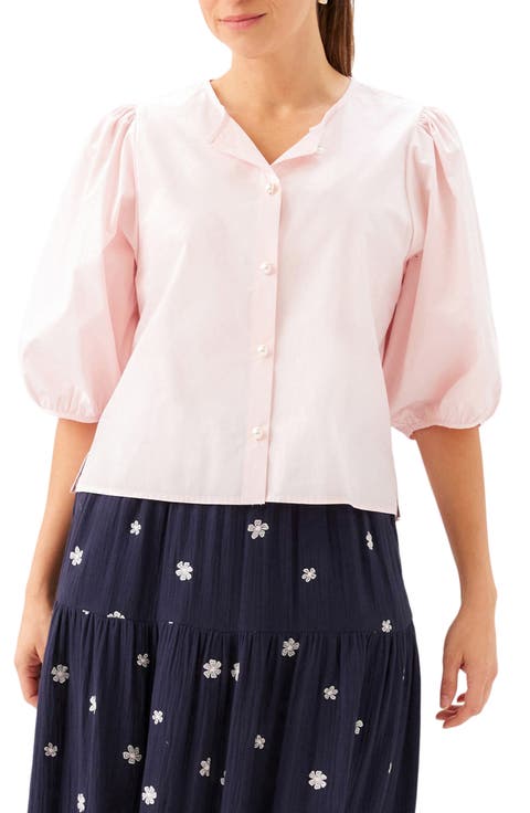 Puff Sleeve Faux Pearl Button Cotton Shirt