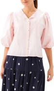 Karen Kane Puff Sleeve Faux Pearl Button Cotton Shirt
