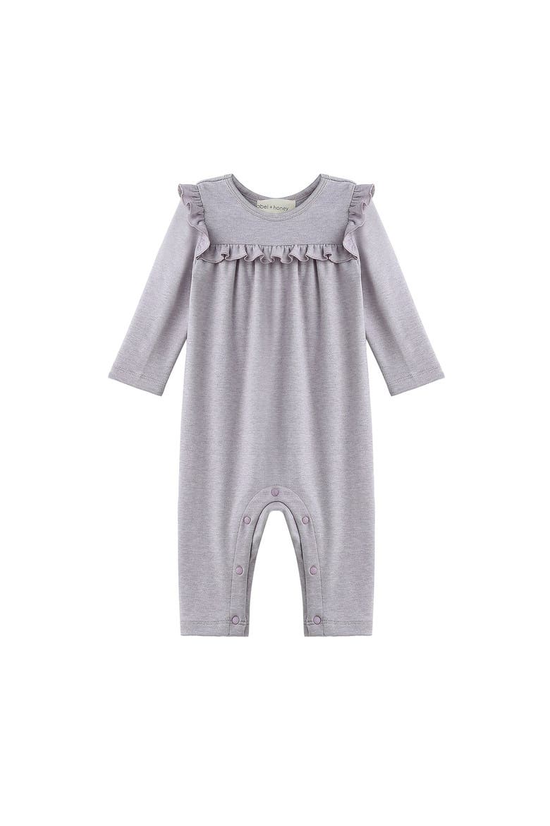 Maggie Long Sleeve Ruffle Trim Straight Leg Romper, Main, color, Purple