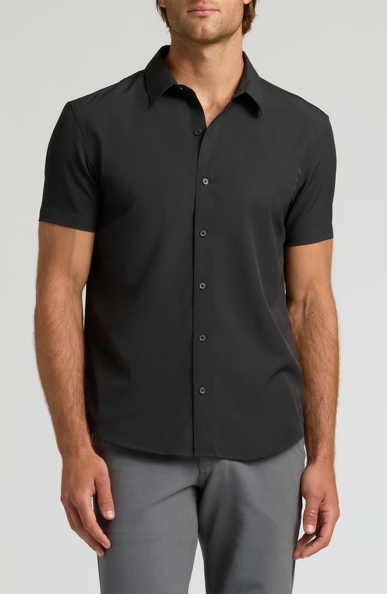 True Classic Slim Fit 4-Way Performance Stretch Short Sleeve Button-Up Shirt, Main, color, Black