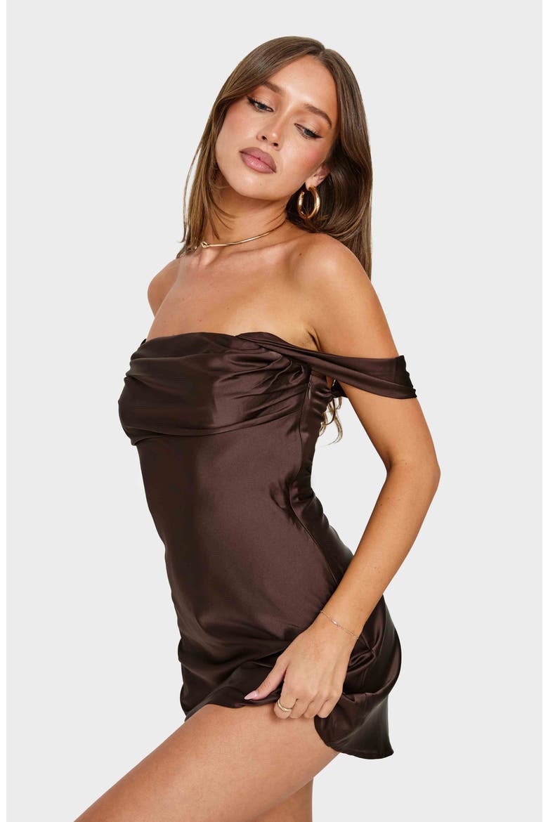 Zabbarra Off the Shoulder Satin Minidress, Alternate, color, BROWN