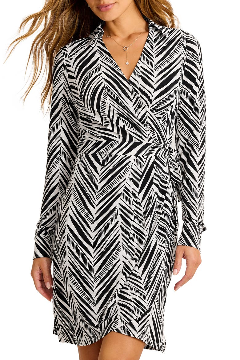 Carmela Seaside Sketch Long Sleeve Wrap Shirtdress, Main, color, BLACK