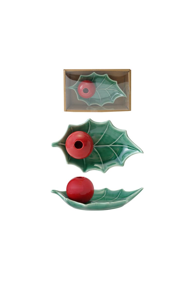 Holly Shaped Plate and Vase Set, Main, color, Red and Green