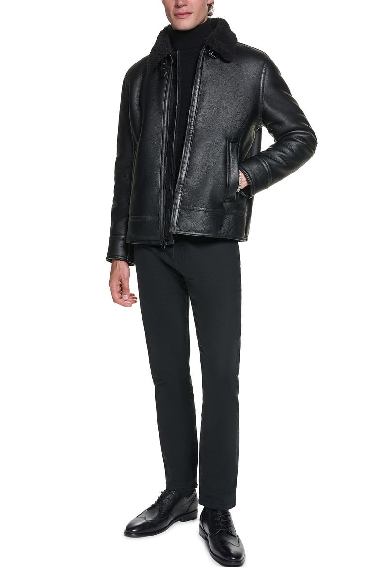 Faux Shearling Collar Faux Leather Aviator Jacket, Alternate, color, BLACK