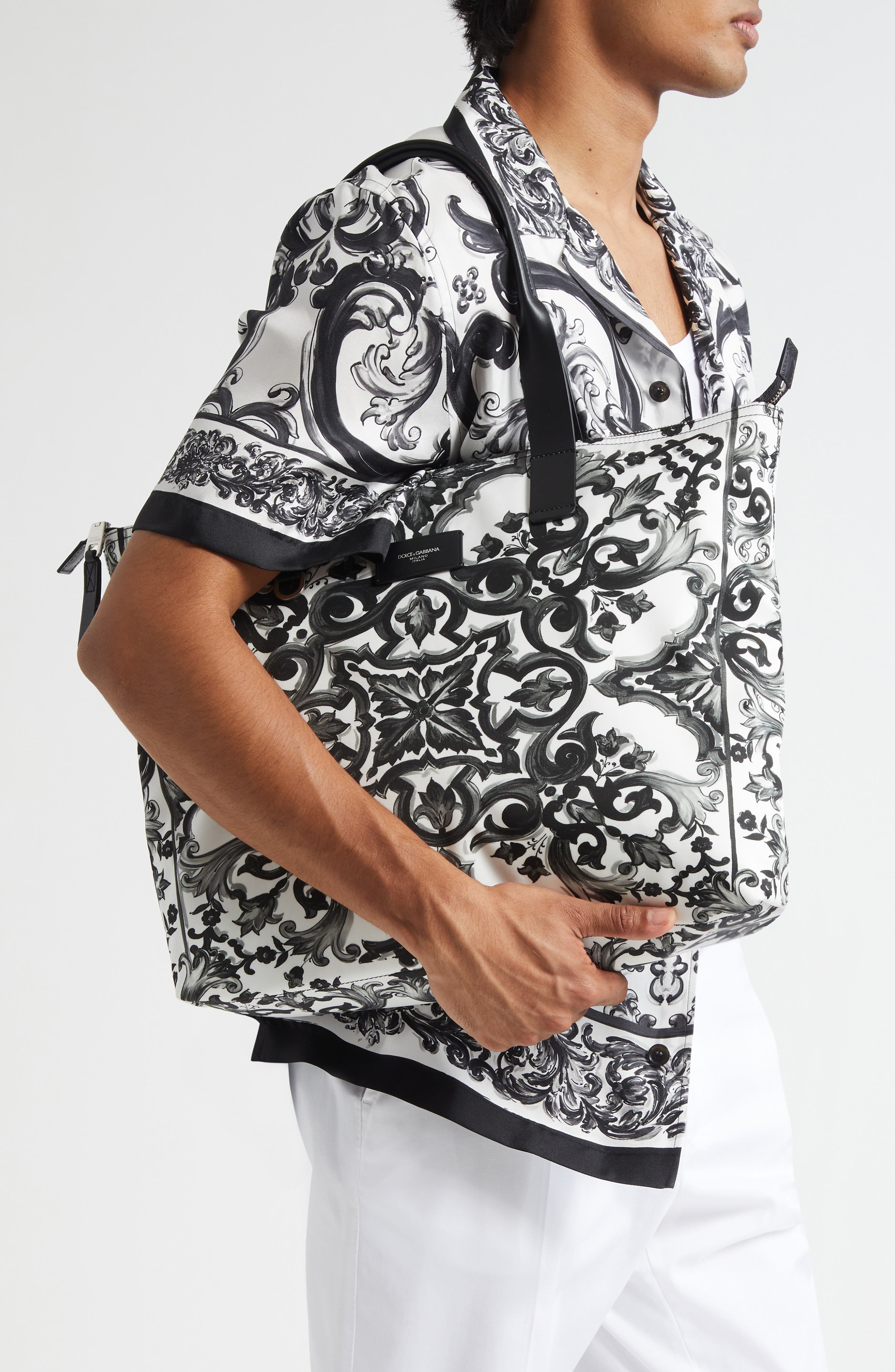 Majolica Print Nylon Tote, Alternate, color, IZ3TN MIX MAIOLICHE FDO.BL