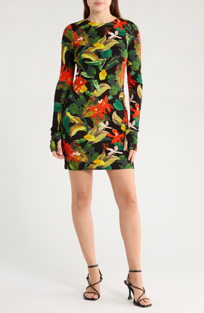 Alice + Olivia Delora Tropical Print Long Sleeve Minidress, Main, color, Tropical Sunrise Black