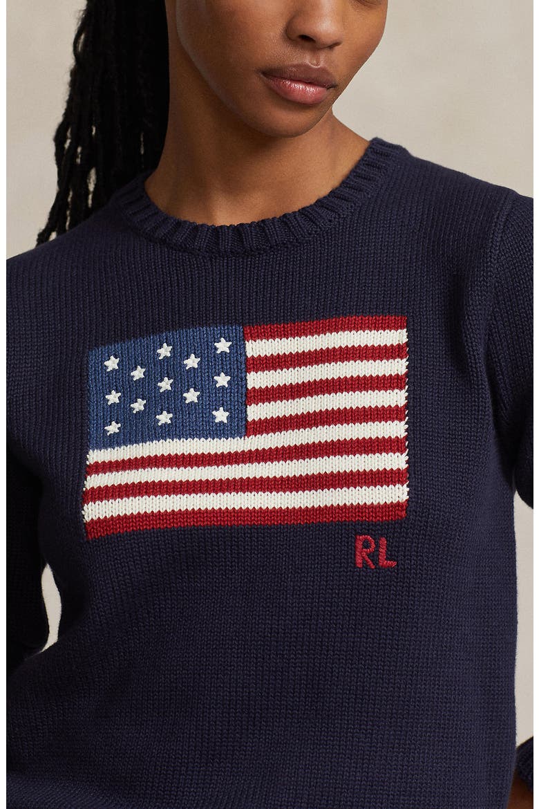 Flag Intarsia Cotton Crewneck Sweater, Alternate, color, NAVY