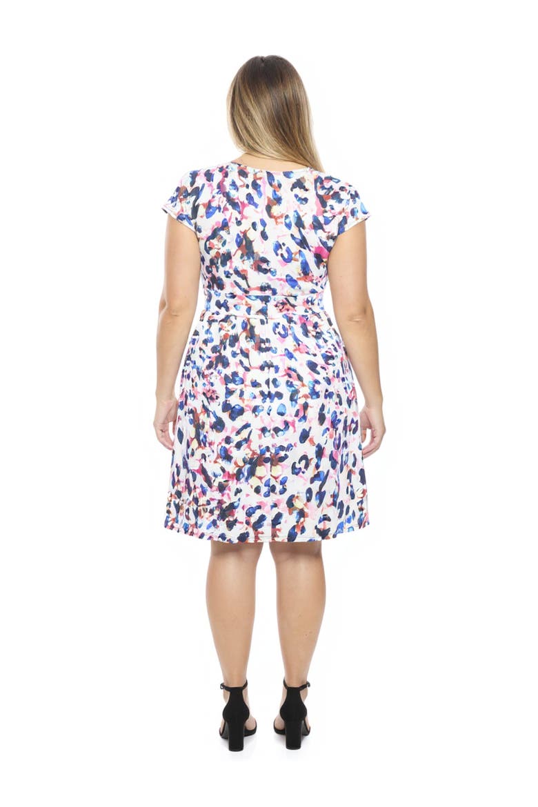 Plus Size Animal V-Neck Cap Sleeve Knee Length A-Line Pocket Dress, Alternate, color, White Multi