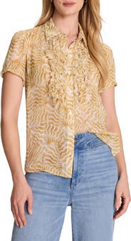 NIC+ZOE Sunrays Ruffle Placket Georgette Button-Up Shirt