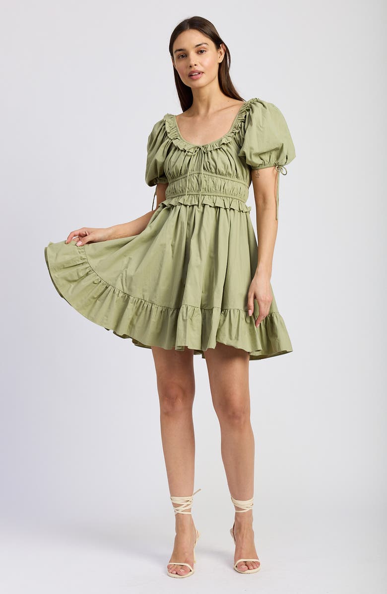 Puff Sleeve Tiered Ruffled Chambray Mini Dress