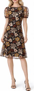 Oleg Cassini Embroidered Puff Sleeve Dress