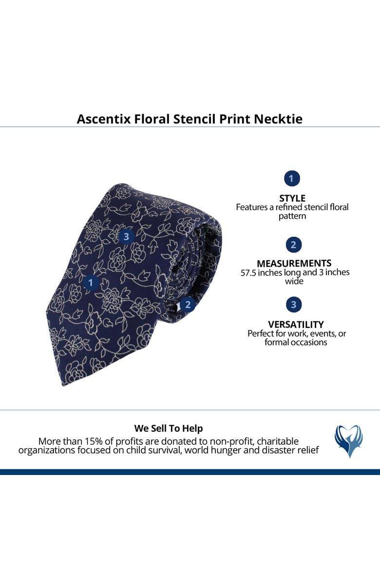 Floral Stencil Print Necktie, Alternate, color, Navy