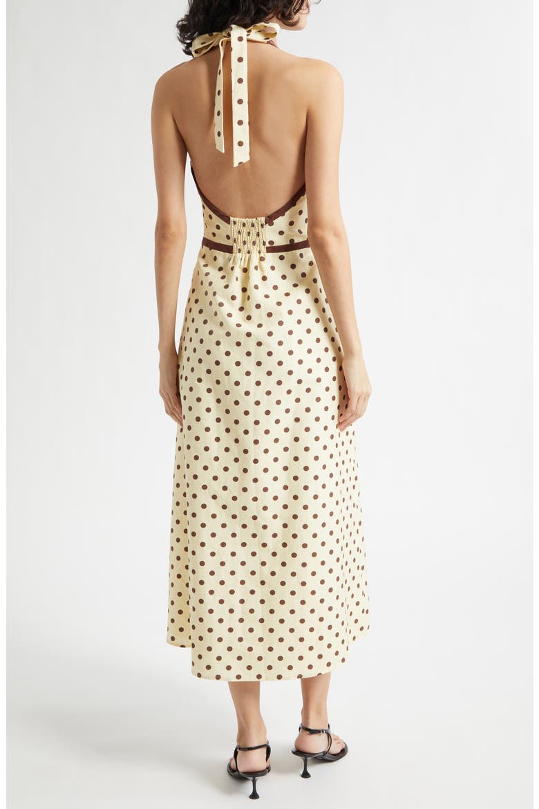 Bowie Polka Dot Plunge Halter Neck Midi Dress, Alternate, color, VANILLA/ CHOCOLATE