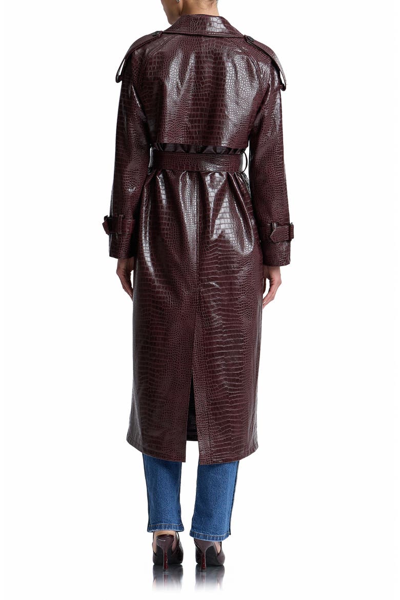 Croc Embossed Faux Leather Maxi Trench Coat, Alternate, color, DARK RED