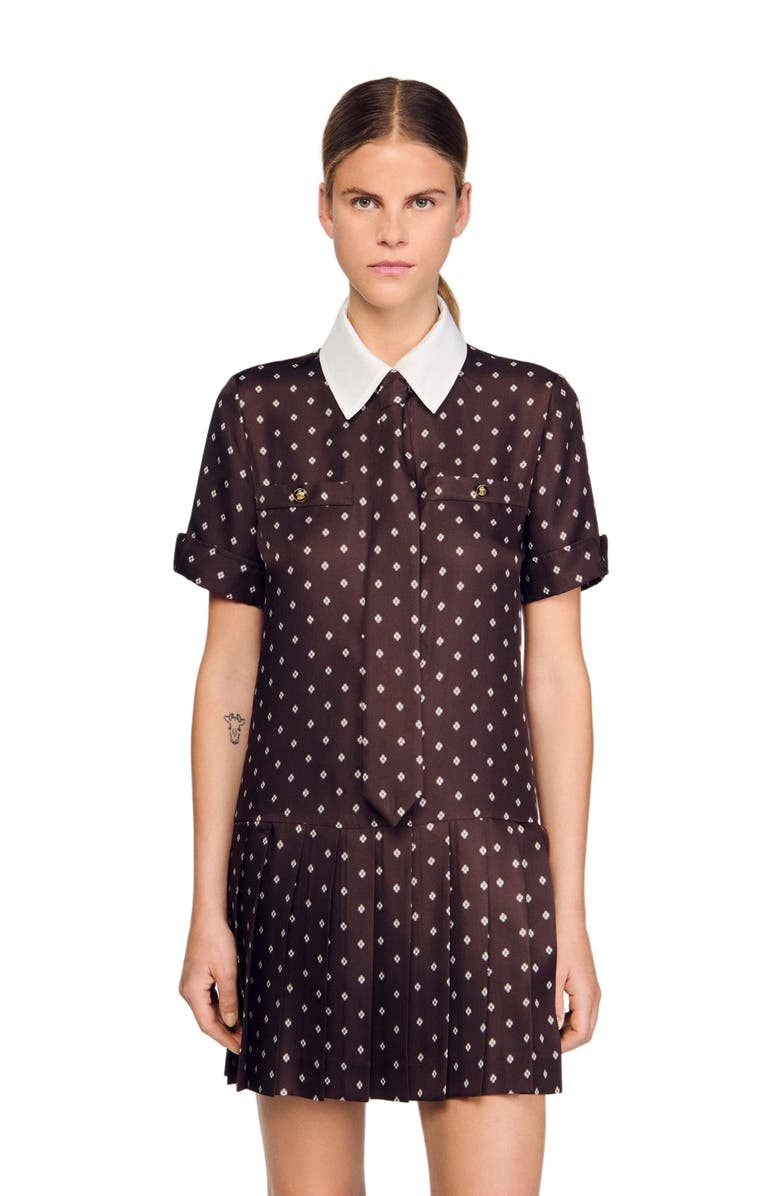 SANDRO Printed satin-effect short dress, Alternate, color, Brown / White