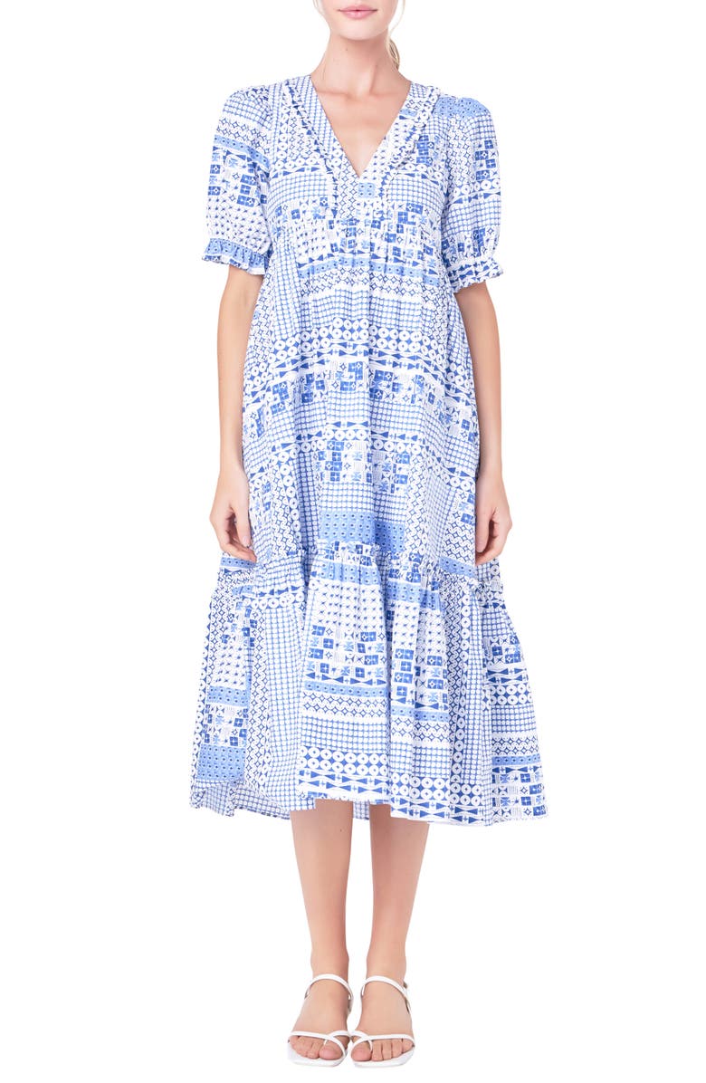 English Factory Patchwork Print Tiered Cotton Midi Dress, Main, color,