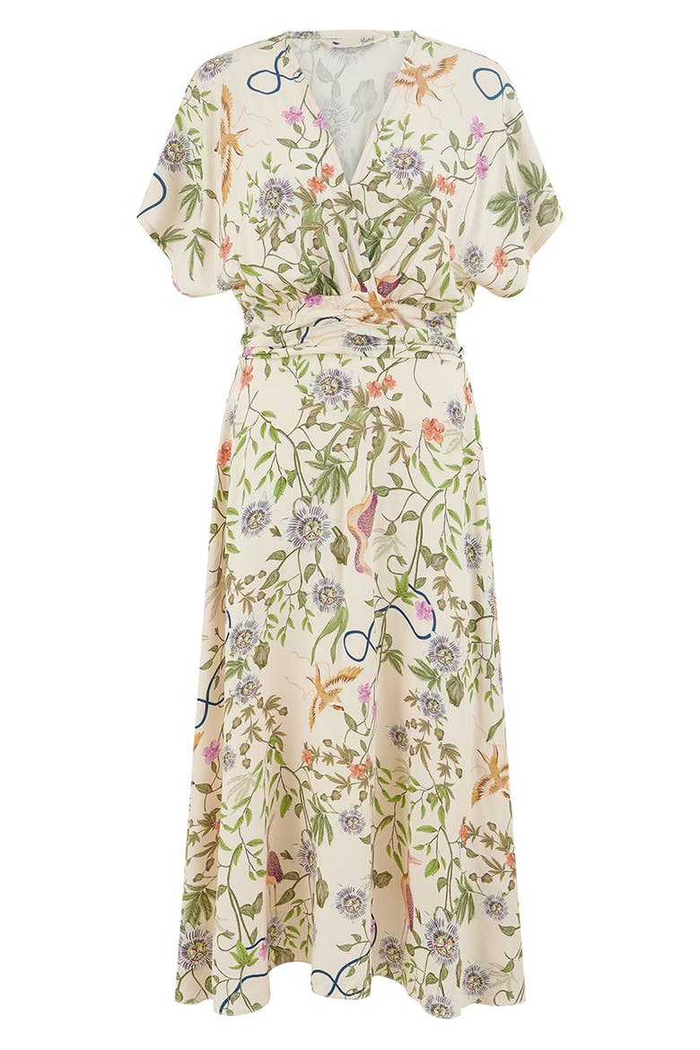 Floral Print Ruched Waist Midi Dress, Alternate, color, Beige