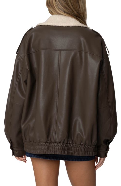 Edikted Ann Oversize Faux Leather Jacket With Faux Shearling Collar In Brown