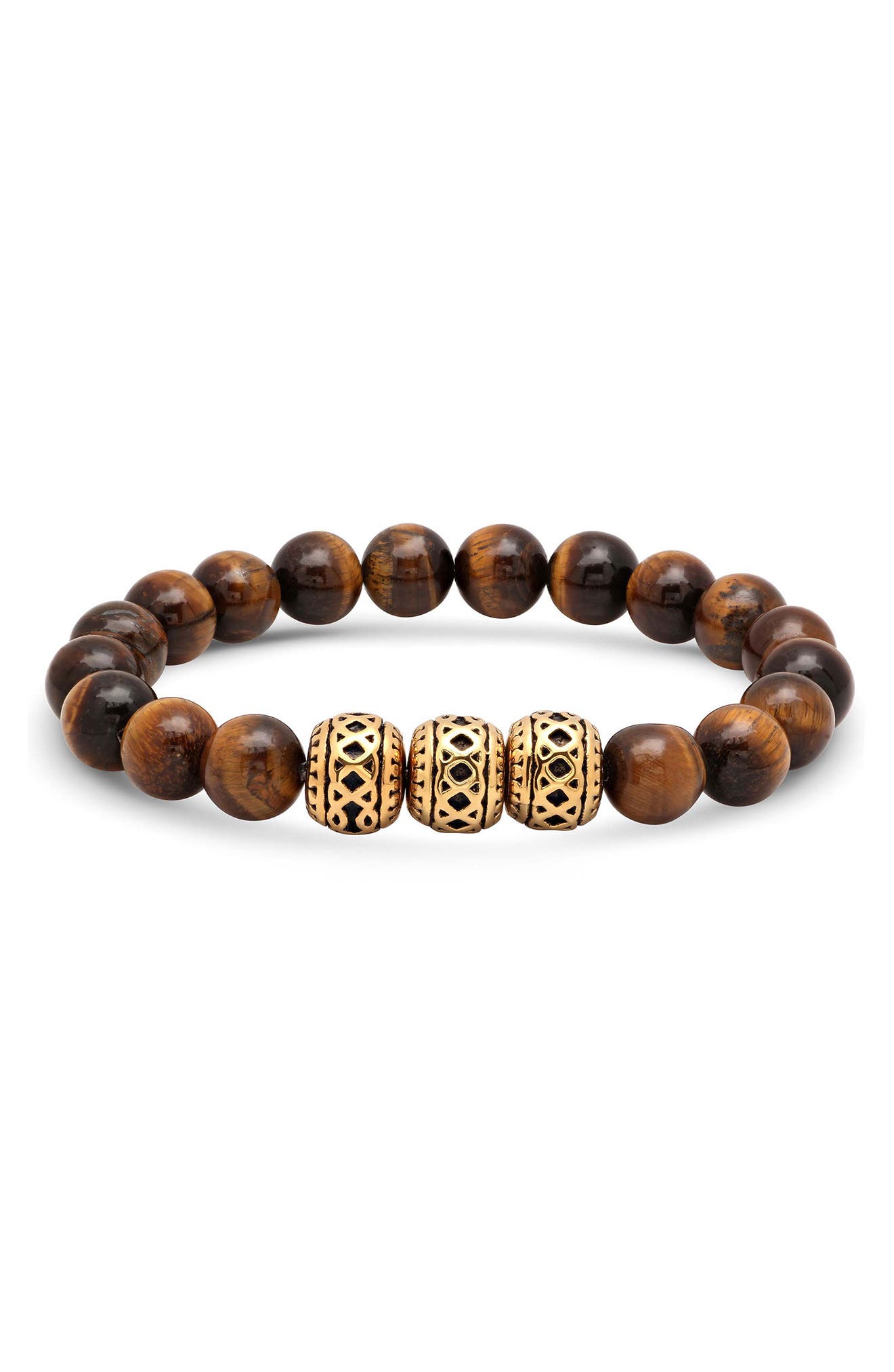 Men's 18k Gold Plated Tiger Eye Bead Stretch Bracelet