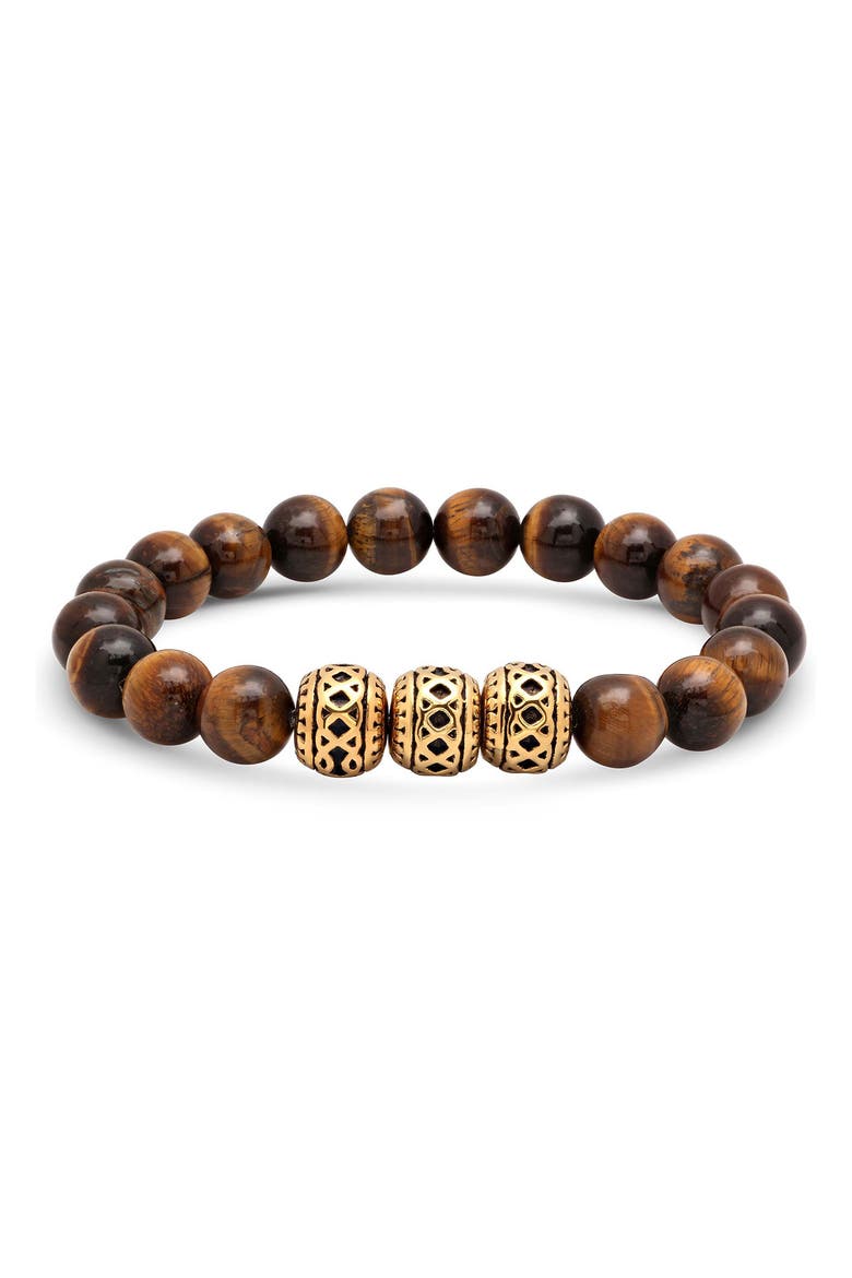 Men's 18k Gold Plated Tiger Eye Bead Stretch Bracelet, Main, color, BROWN/GOLD
