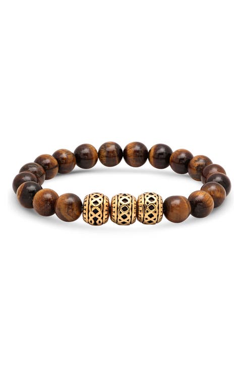 Men's 18k Gold Plated Tiger Eye Bead Stretch Bracelet