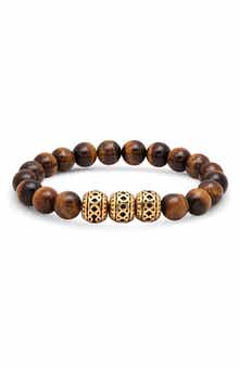 Men's 18k Gold Plated Tiger Eye Bead Stretch Bracelet