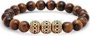 STEELTIME Men's 18k Gold Plated Tiger Eye Bead Stretch Bracelet