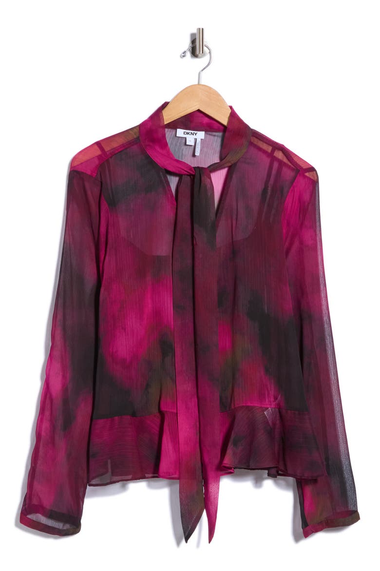 Tie Neck Long Sleeve Peplum Top, Main, color, RASPBRRY H