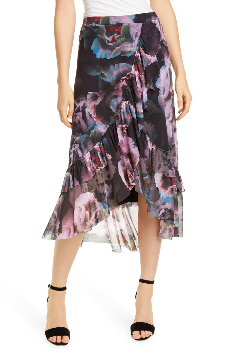 Fuzzi Floral Ruffle Asymmetrical Mesh Skirt, Main, color, 