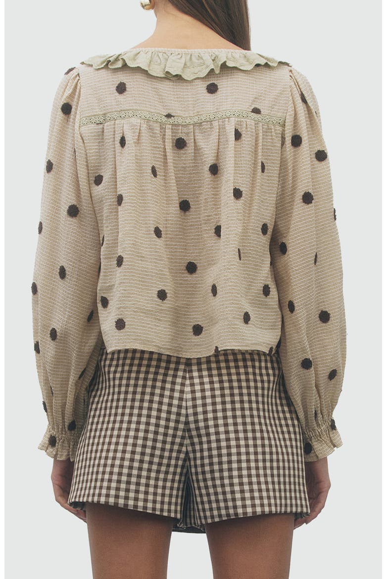 Theodore Polka Dot Ruffle Top, Alternate, color, TAN BROWN