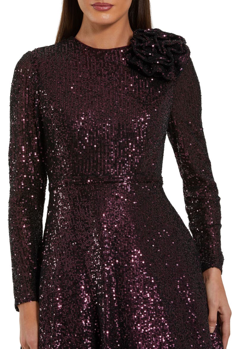 Long Sleeve Sequin Ballgown With 3D Flower, Alternate, color, Amethyst