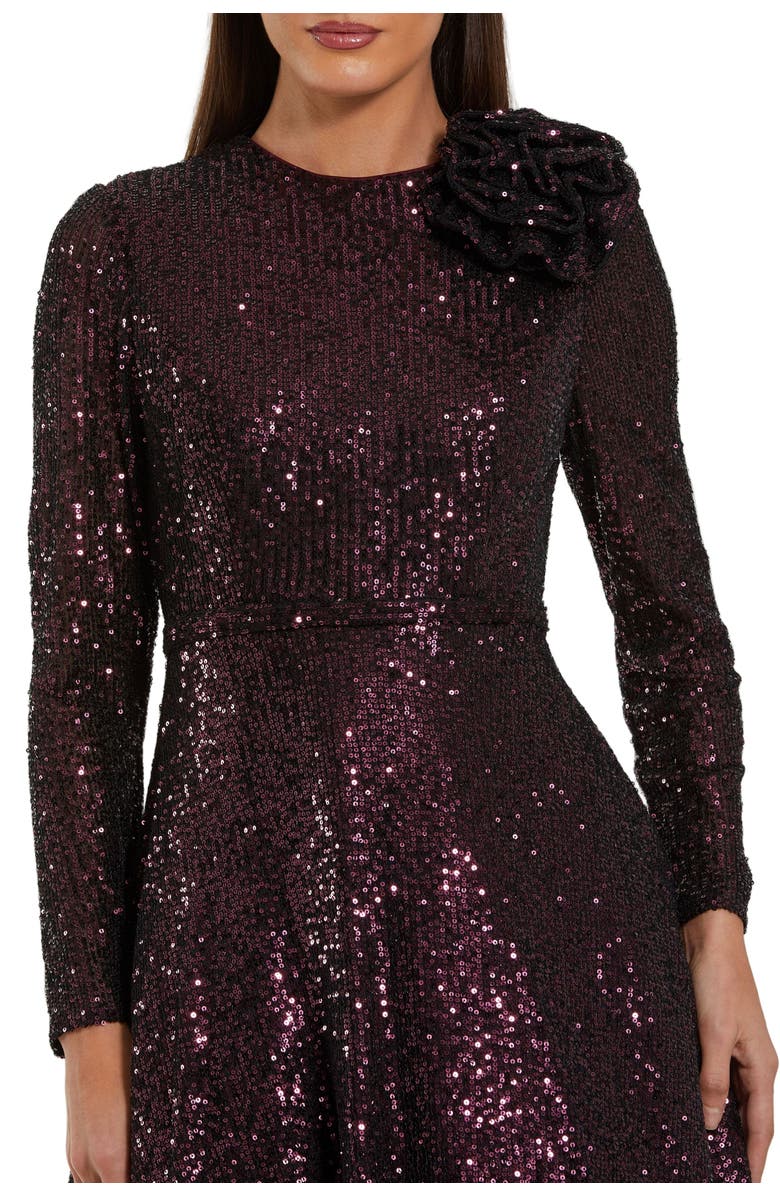 Mac Duggal Long Sleeve Sequin Ballgown With 3D Flower, Alternate, color, Amethyst